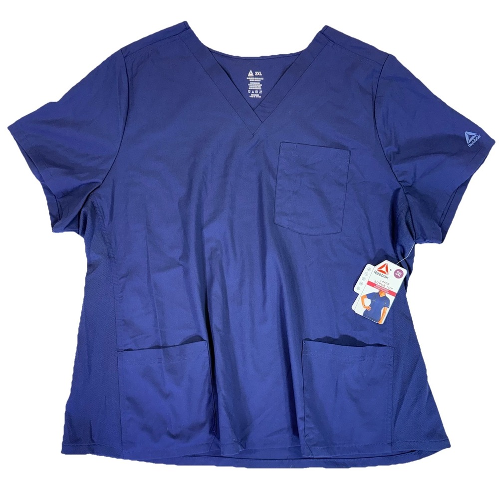 NWT Reebok Women's Scrub Top 2XL Navy Blue V-Neck Stretch Medical Uniform NEW